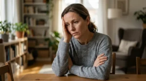 Eine Frau leidet sichtlich unter hormonellen Dysbalancen bei Frauen und hält sich mit leidvollem Blick den Kopf.