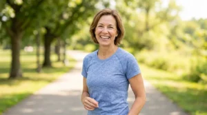 Eine Frau mittleren Alters, die sehr vital lebt und in einem Wald Sport macht. Sie wirkt sehr fröhlich und scheint das Thema Longevity für Frauen verinnerlicht zu haben.