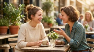 Zwei Frauen unterhalten sich fröhlich und treffen sich in einem Cafe. Sie wirken sehr gesund, was bedeutet, dass soziale Kontakte für die Gesundheit sehr wichtig sind.